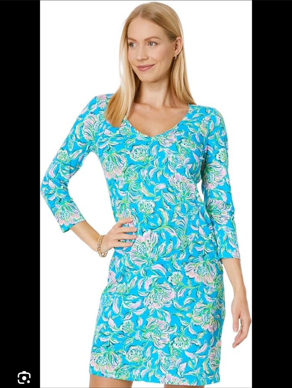 Lily Pulitzer Tessa 3/4 Sleeve Bright Cumulus Blue Floral V-Neck Shift Dress